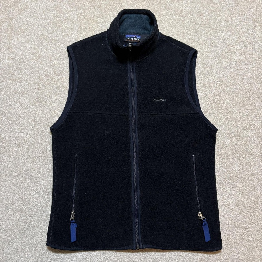 Vtg Patagonia Synchilla Vest Mens Small Black Fleece Full Zip Made USA Hiking
